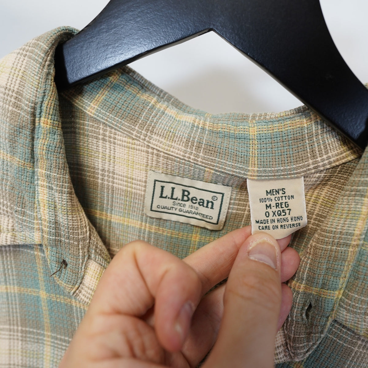 (M) L.L. Bean Cloud Gauze Button Up Plaid Camp Shirt Men's M Tan Green Short Sleeve