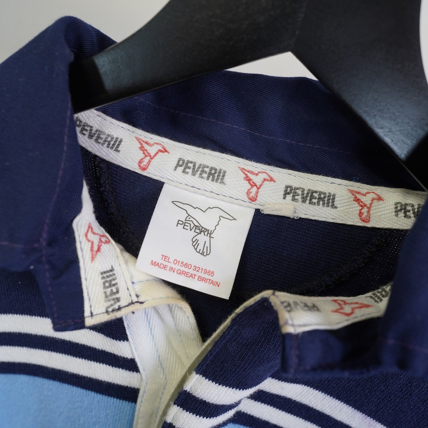 (L) Vintage Peveril Scottish Rugby Longsleeve Jersey Polo Shirt Men's L Blue Stripe