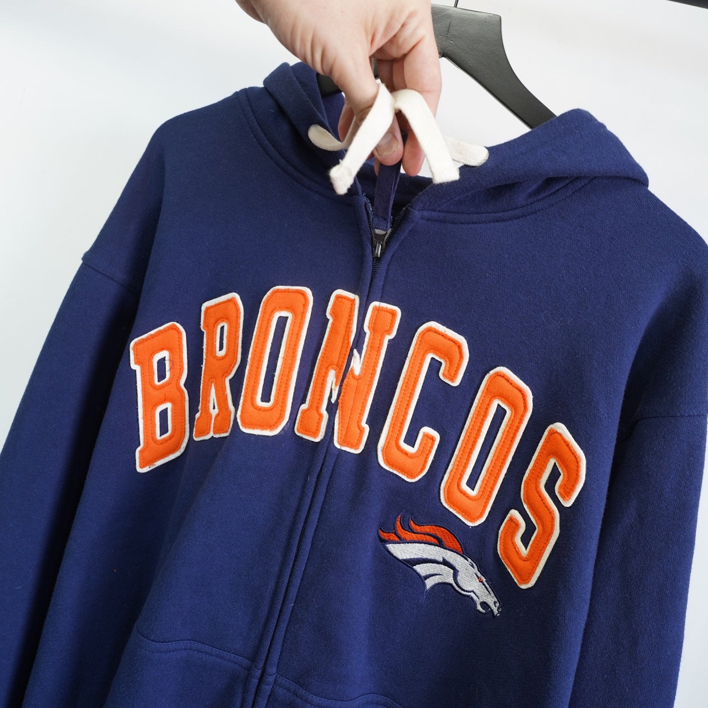 (XXL) Denver Broncos Sewn Full Zip Embroidered Hoodie Men's XXL Navy Blue Retro