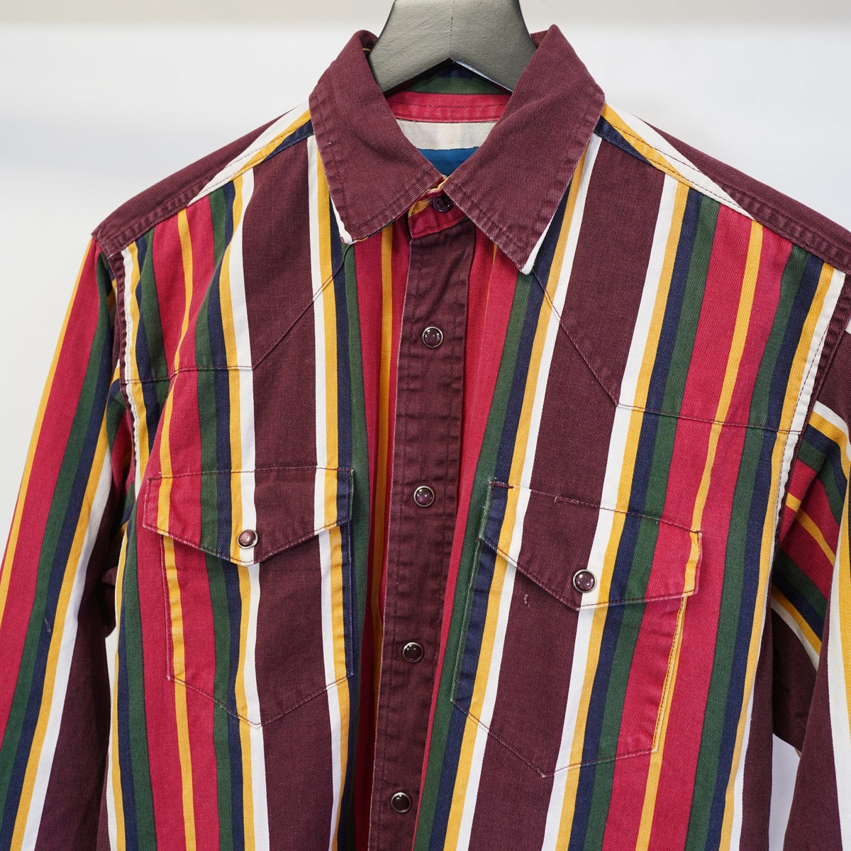 (M) Vintage Wrangler Brush Popper Western Pearl Snap Button Up Striped Mens M Red 90