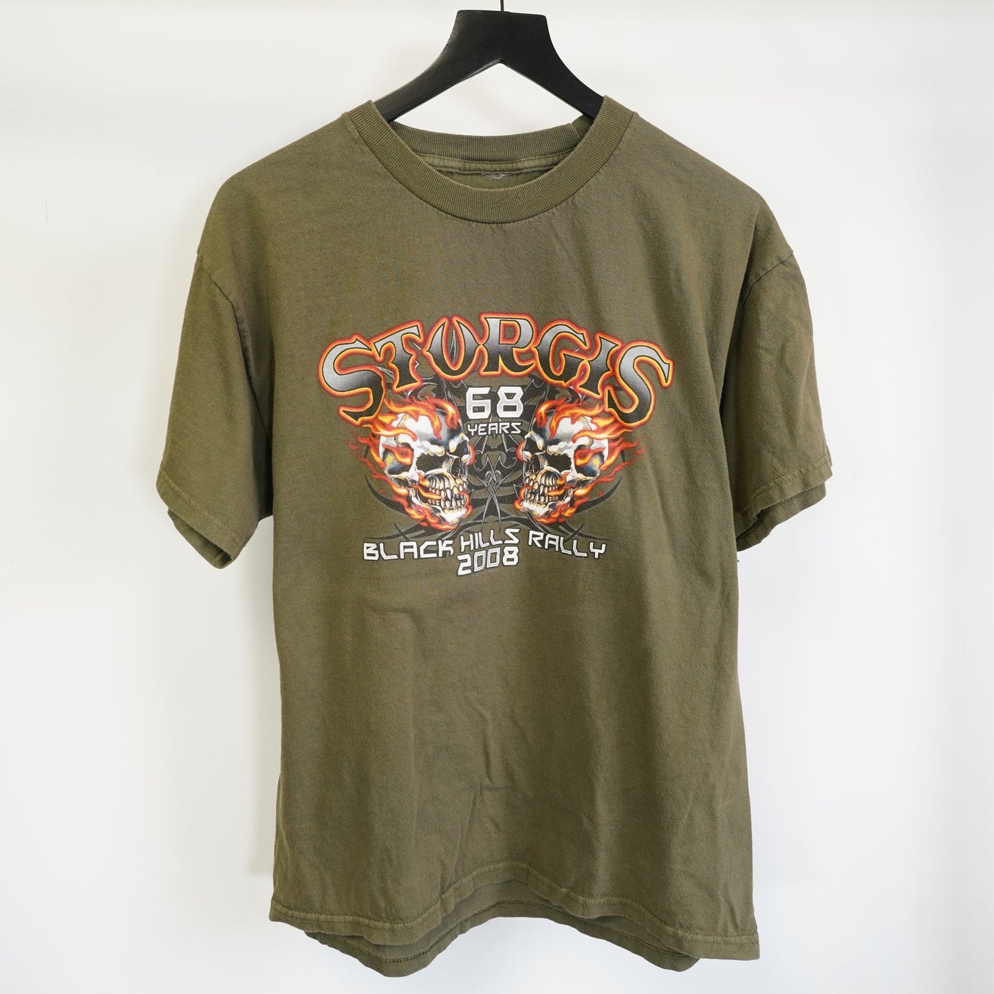 (M) Vintage Stugis 2000s Motorcycle Rally Skull Biker T-Shirt Mens M Olive Green Y2K