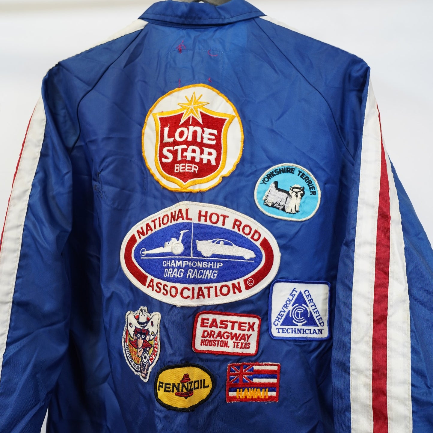 (M) True Vintage NHRA Drag Racing Beer Patchwork Motorcycle Jacket Men's M Blue 70s
