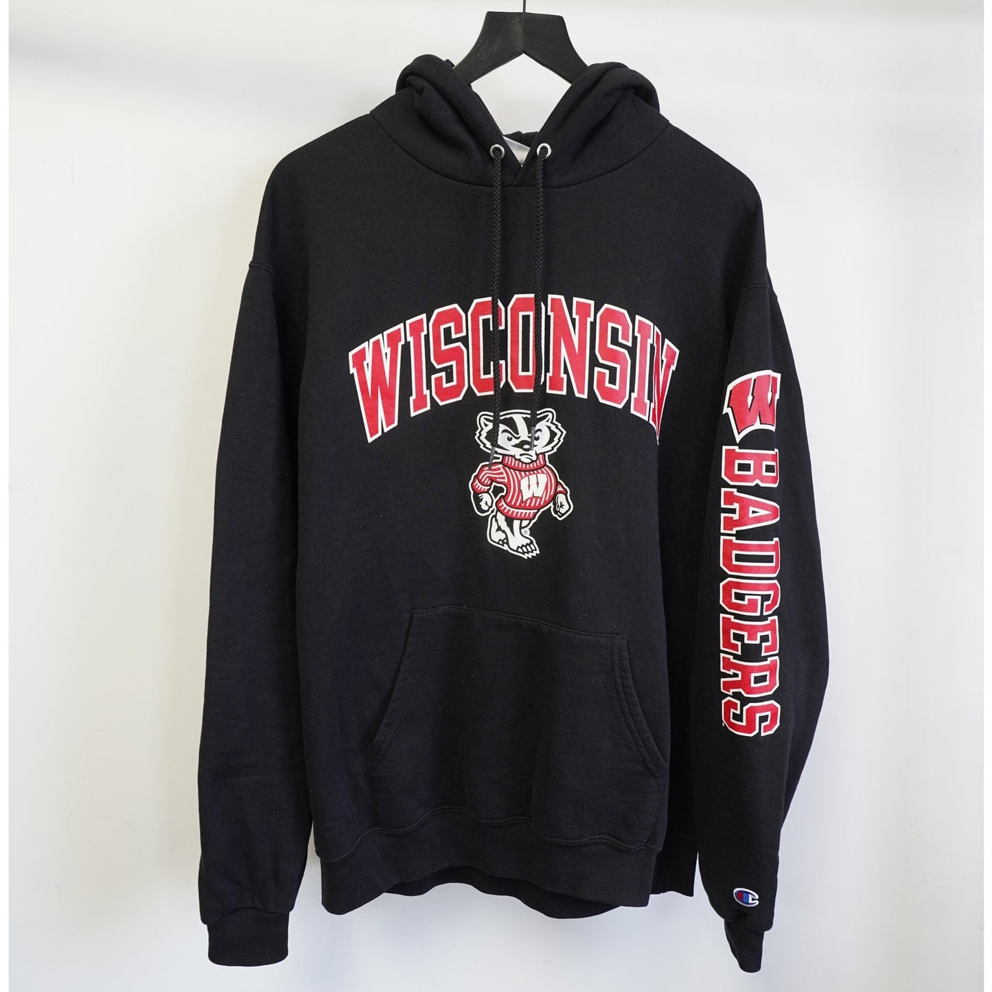 (L) Vintage Wisconsin Badgers Champion Pullover Hoodie Men's L Black Red Retro