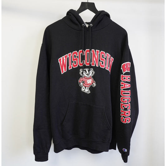 (L) Vintage Wisconsin Badgers Champion Pullover Hoodie Men's L Black Red Retro