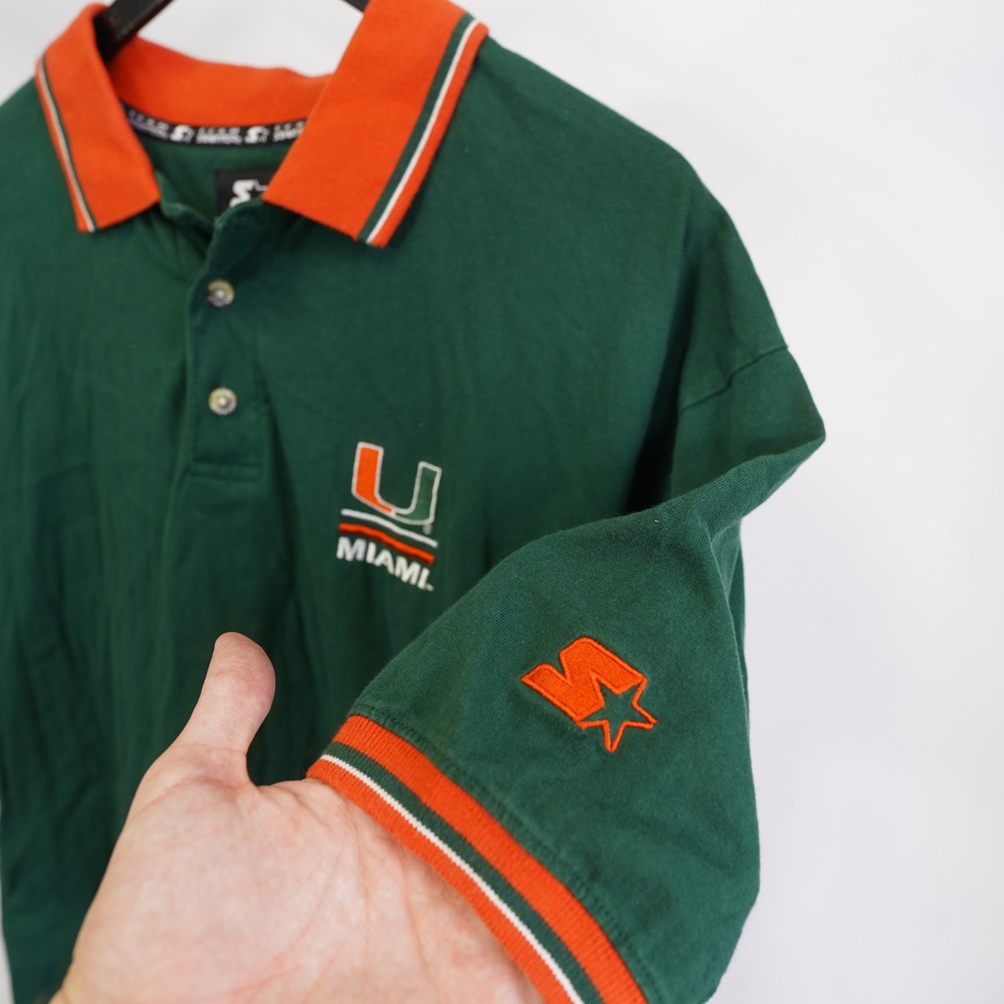 (L) Vintage University of Miami Hurricanes Starter Polo Shirt Men's L Green Orange
