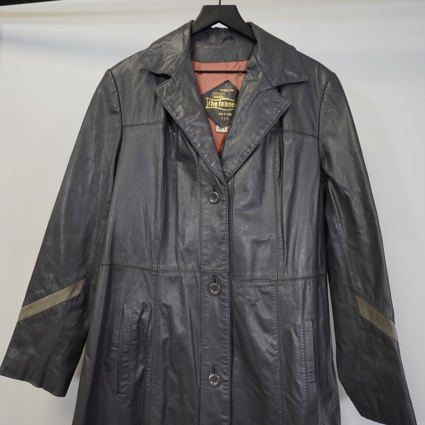(Women's 20T) Vintage Montgomery Ward Tannery Belted Leather Gray Trench Coat Jacket
