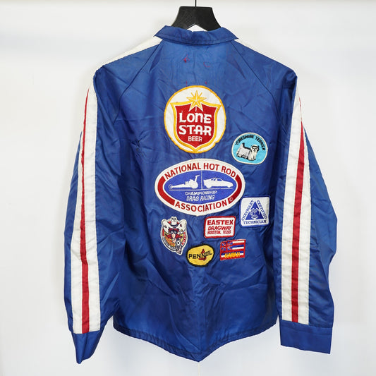 (M) True Vintage NHRA Drag Racing Beer Patchwork Motorcycle Jacket Men's M Blue 70s