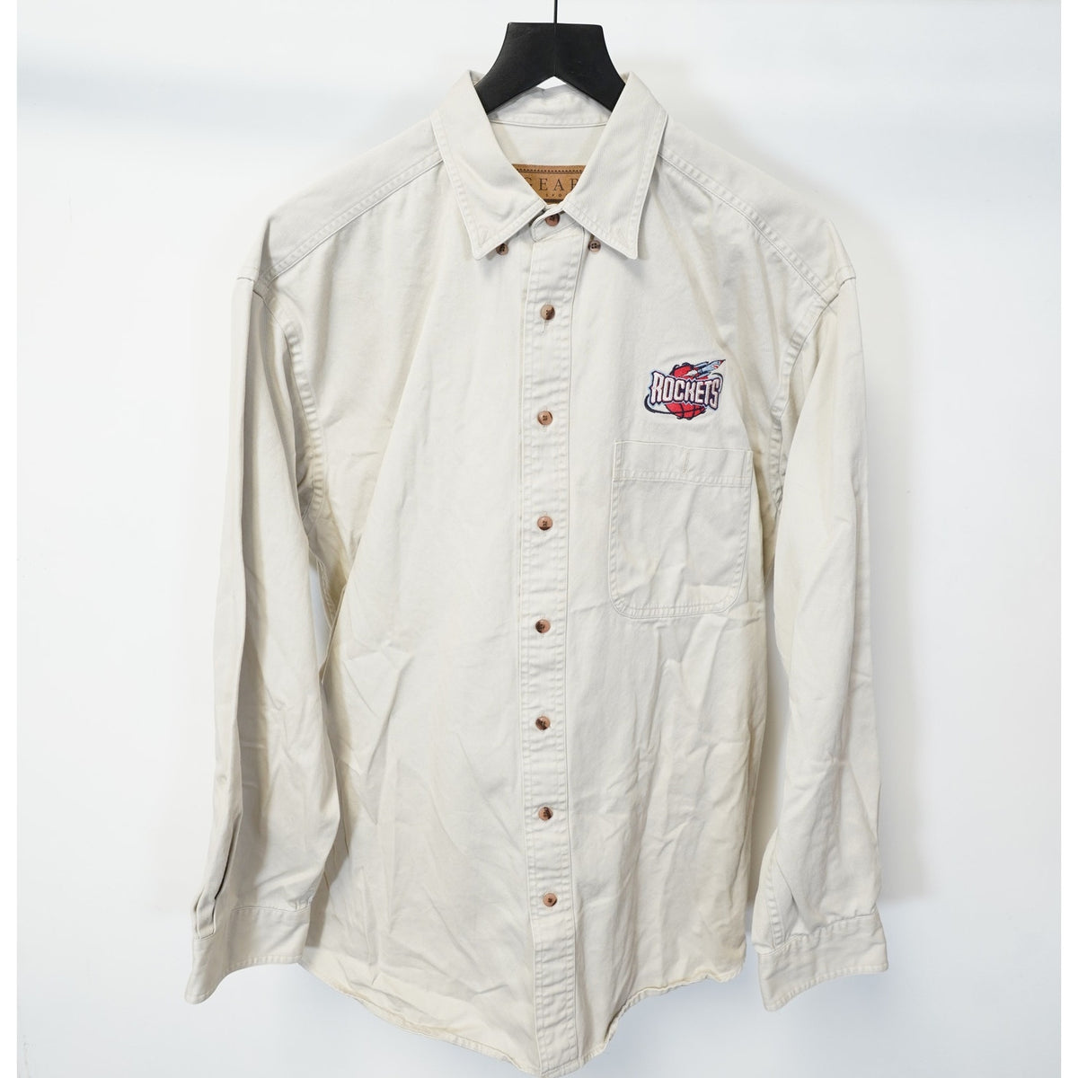 (XL) Vintage 90s Houston Rockets Embroidered Button Up Shirt Men's XL Cream 90s