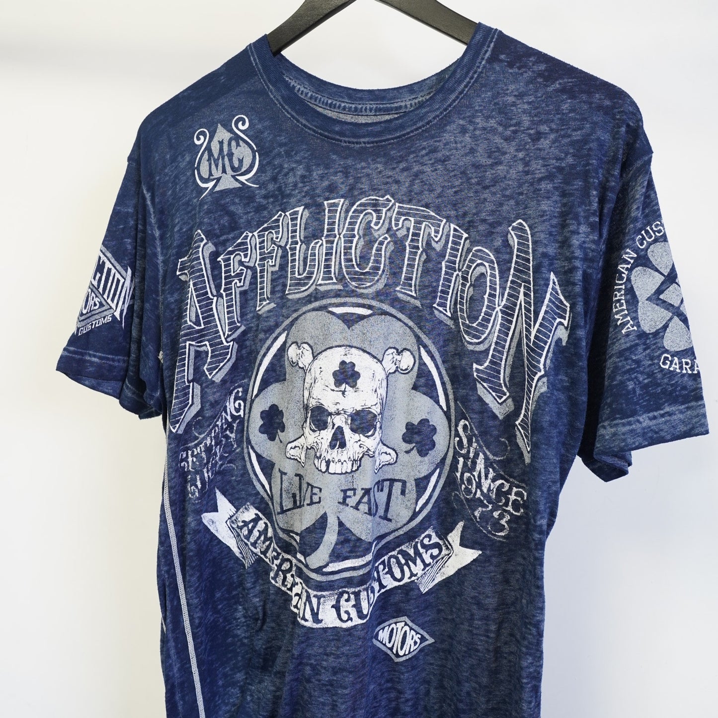 (L) Vintage Affliction MMA Motorcycles T-Shirt Y2K Men's L 2000s Blue Skull