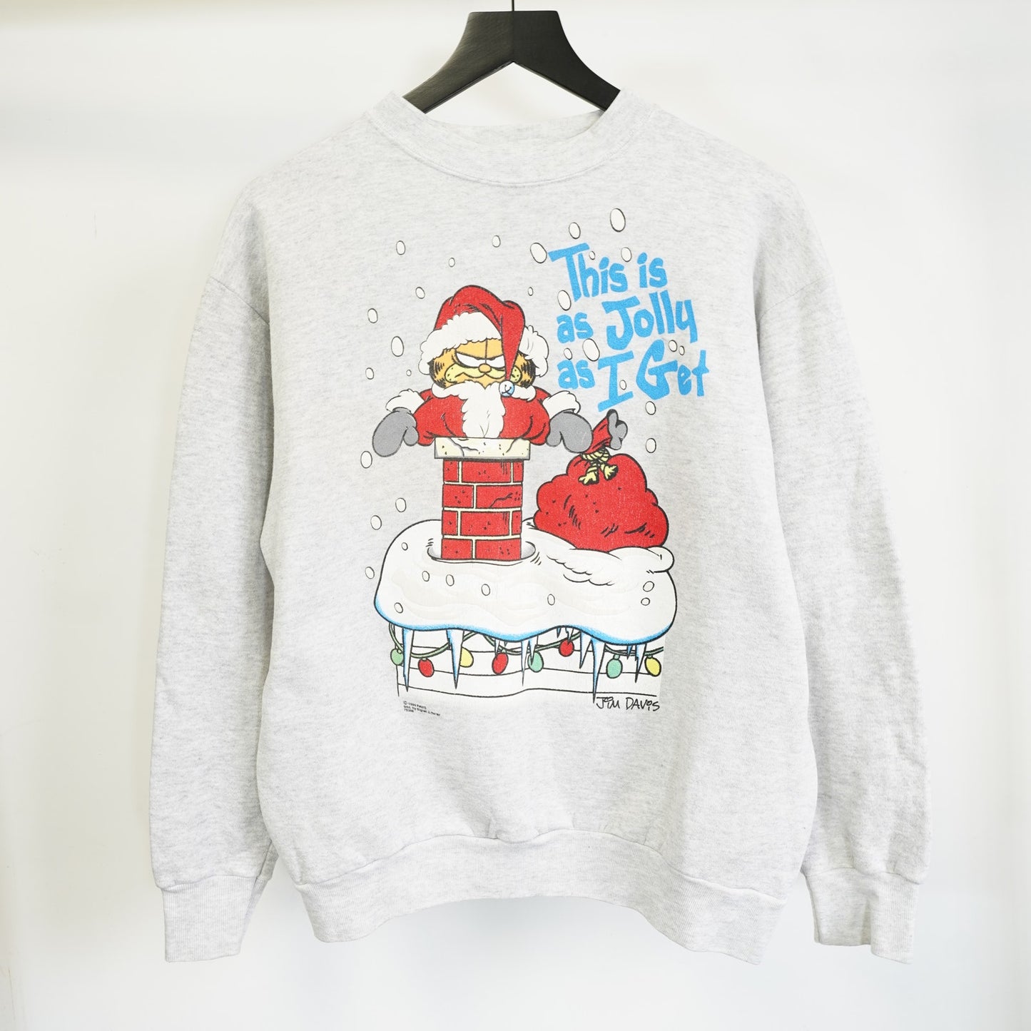 (L) Vintage Garfield Christmas Holiday Sweater Men's L 90s Tultex Gray Santa