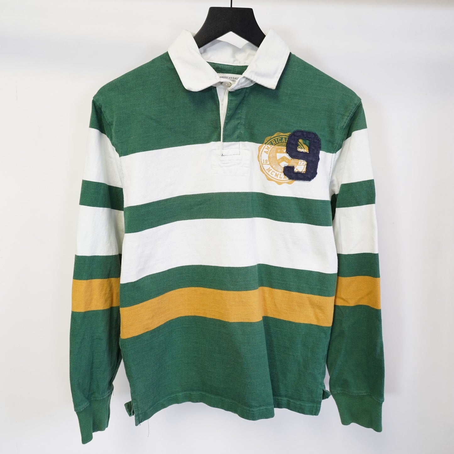 (XS) American Eagle Rugby Long Sleeve Striped Polo Shirt Sewn Men's XS Green Preppy