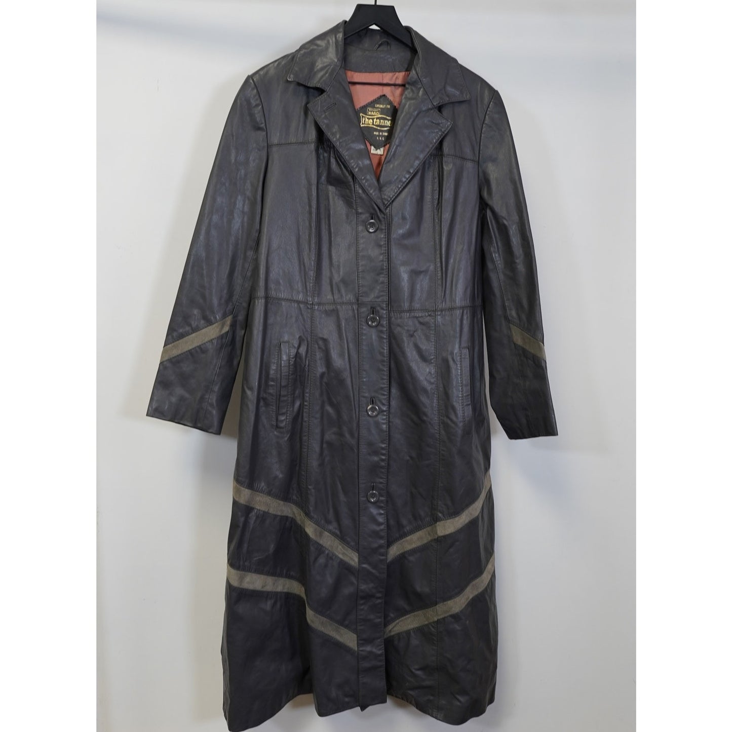 (Women's 20T) Vintage Montgomery Ward Tannery Belted Leather Gray Trench Coat Jacket