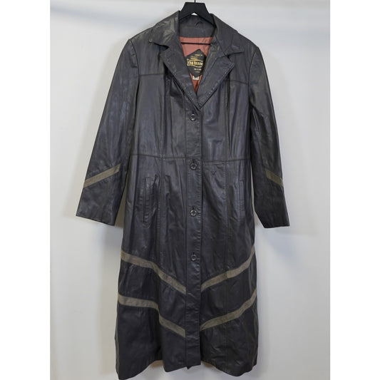 (Women's 20T) Vintage Montgomery Ward Tannery Belted Leather Gray Trench Coat Jacket