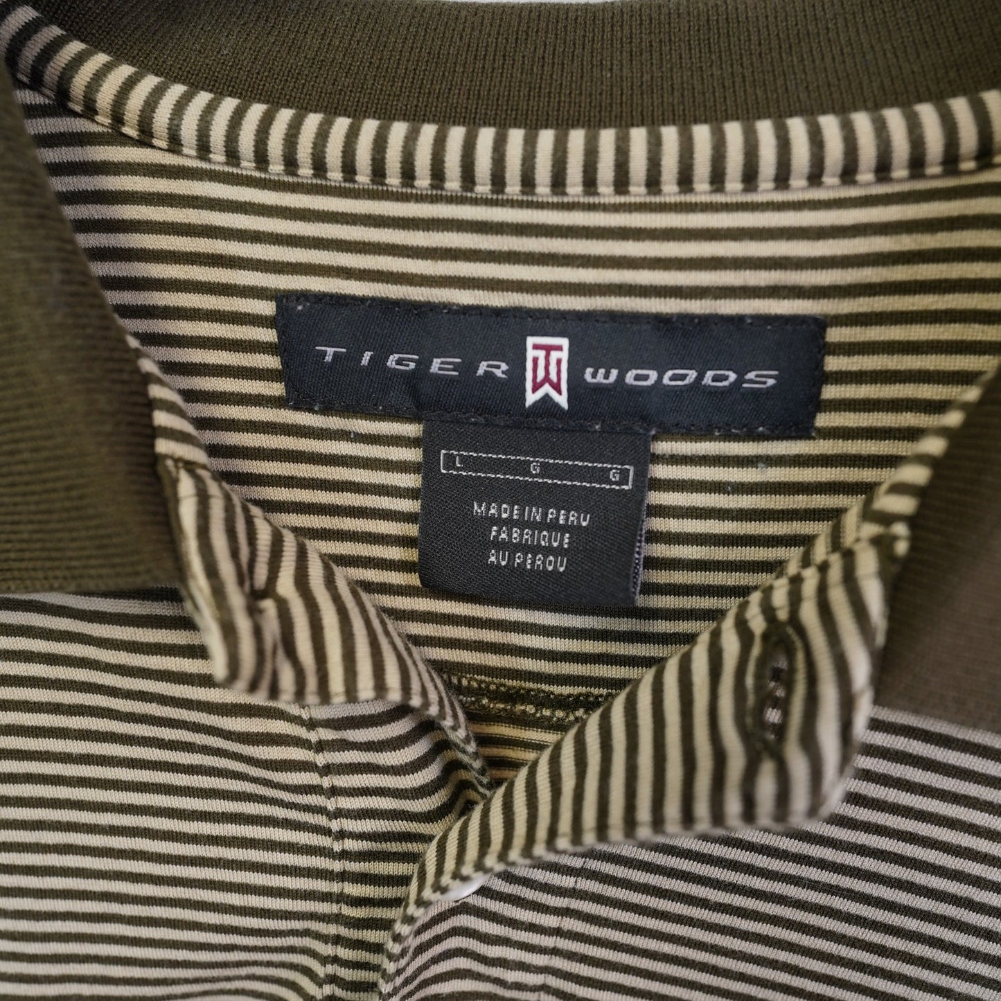 (L) Vintage Tiger Woods Nike Striped Golf Polo Shirt Men's L Brown Tan Preppy
