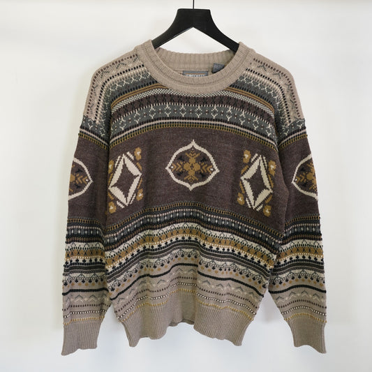(M) Vintage J.T. Beckett Geometric Knit Sweater Men's M Brown Tan Boho Indie Retro