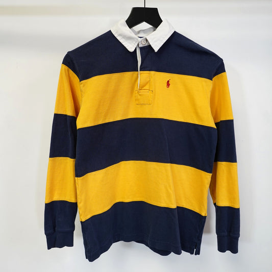 (Youth M) Vintage Polo Ralph Lauren Stripe Rugby Polo Shirt Blue Yellow Longsleeve
