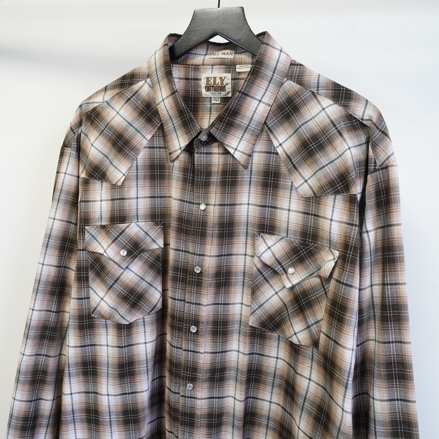 (3XLT) Vintage Ely Cattleman Western Pearl Snap Button Up Mens 3XLT Brown Plaid Big Man