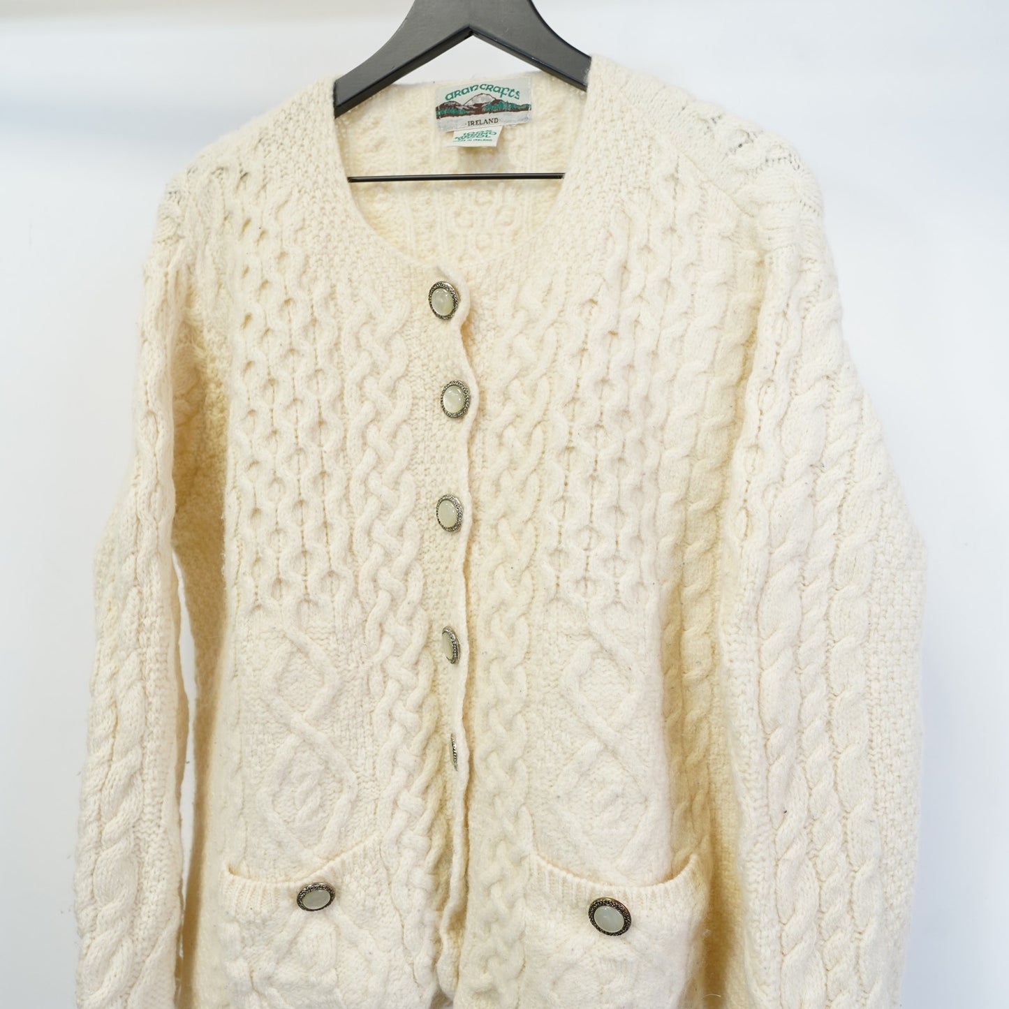 (Women's XXL) Vintage Aran Crafts Cardigan Sweater Cream Wool Fisherman Ireland Women's XXL