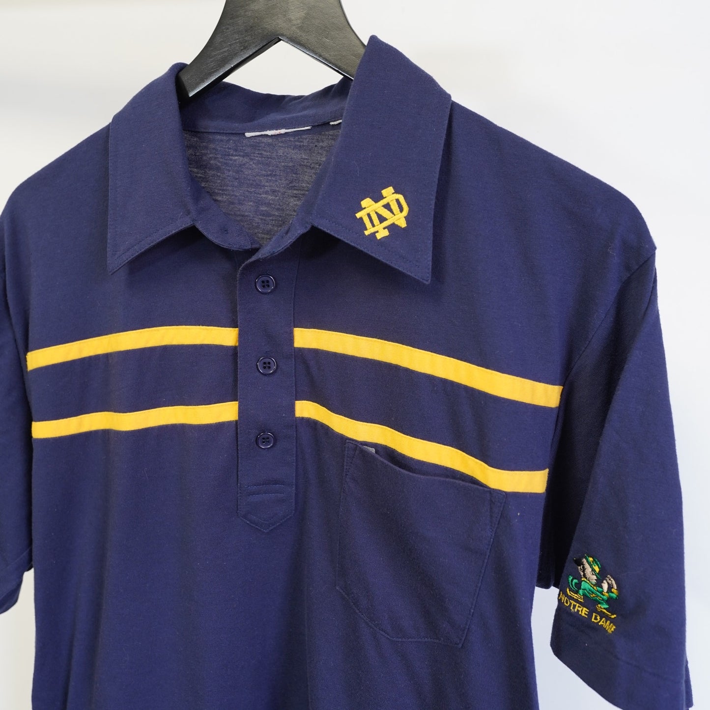 (M) Vintage 80s Notre Dame Dame Fighting Irish Polo Shirt Men's M Sewn Blue Yellow