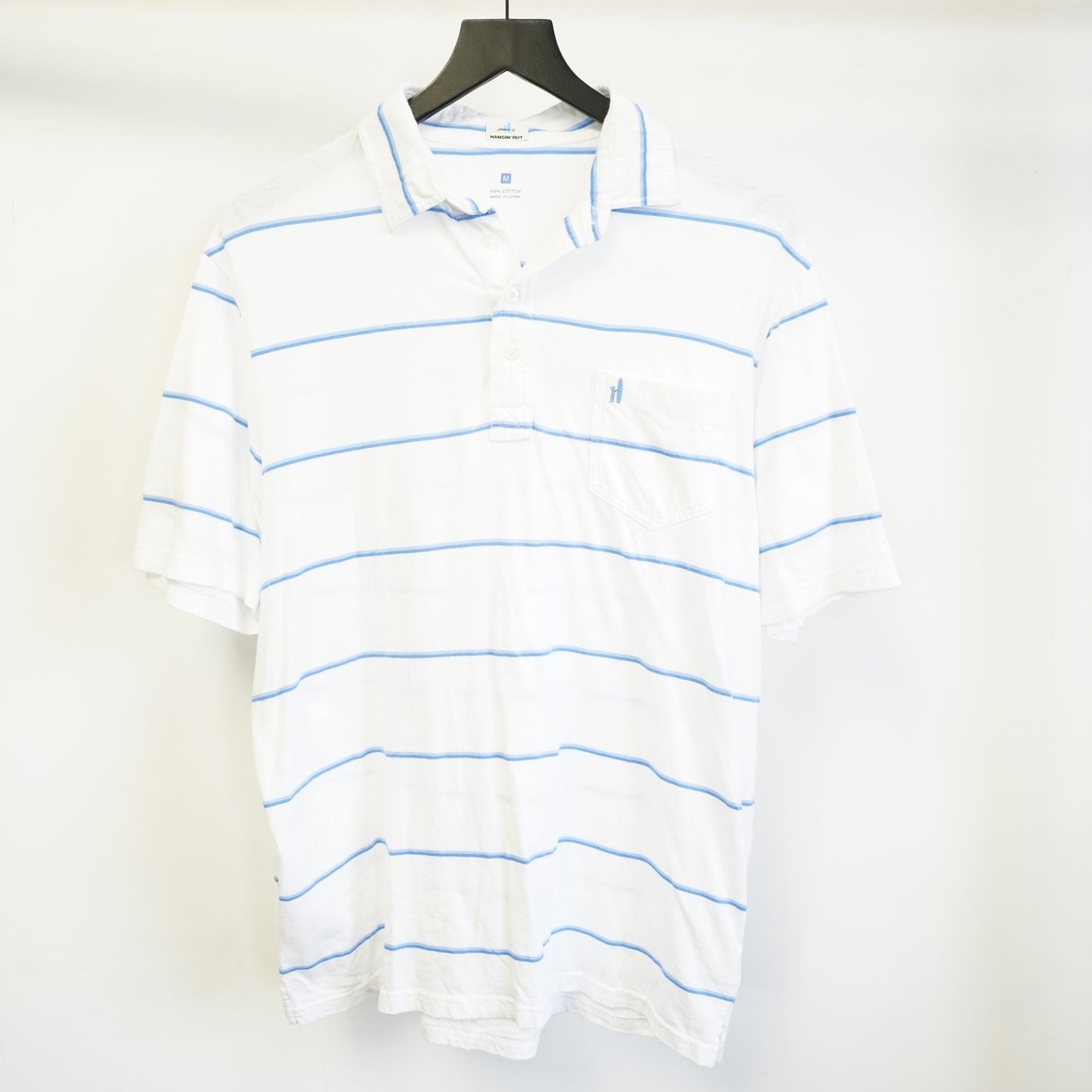 (M) Johnnie-O Hangin' Out Striped Golf Polo Shirt Men's Size M White Blue Preppy