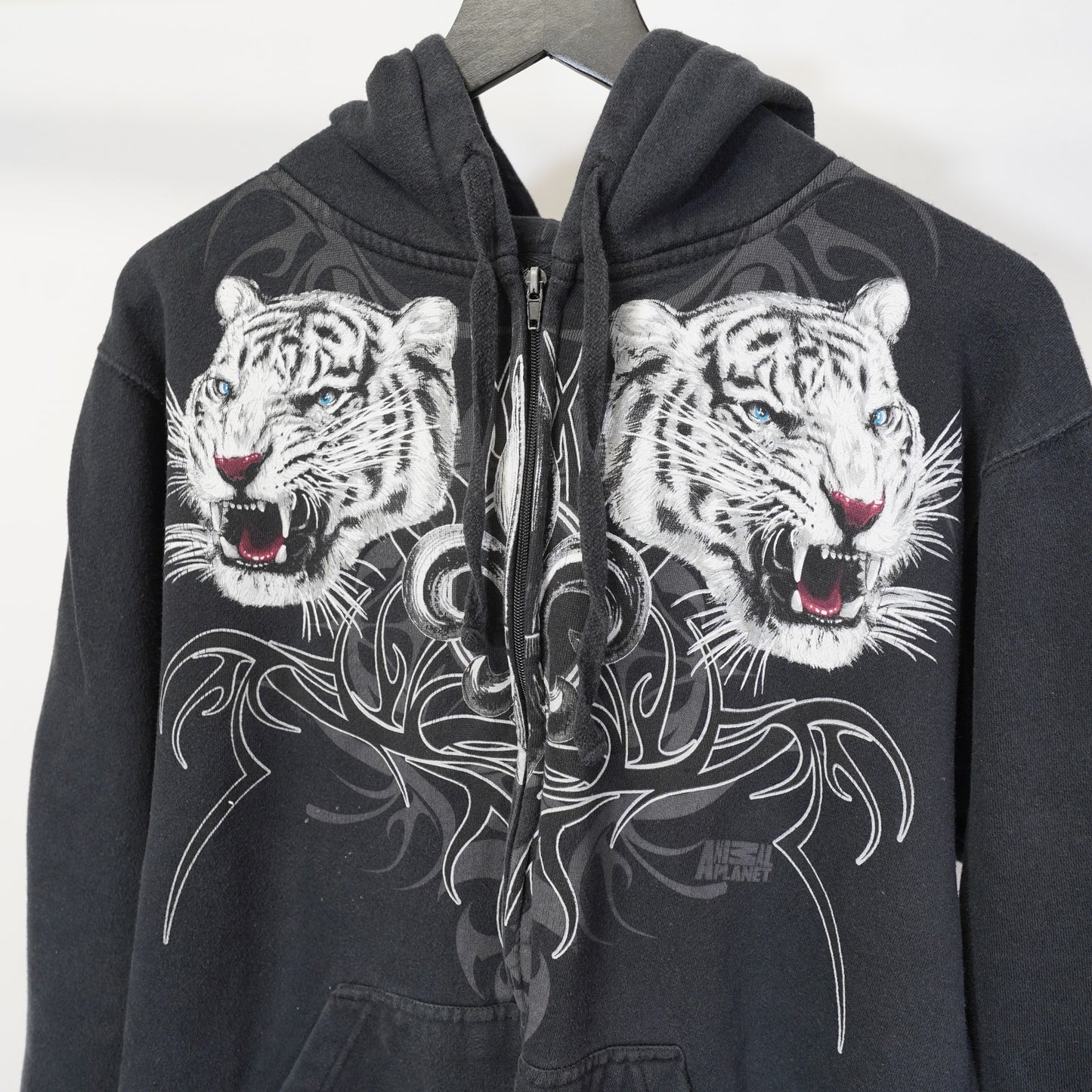 (M) Animal Planet Y2K Tiger Tribal Full Zip Hoodie Emo 2000s Men's M Goth Black