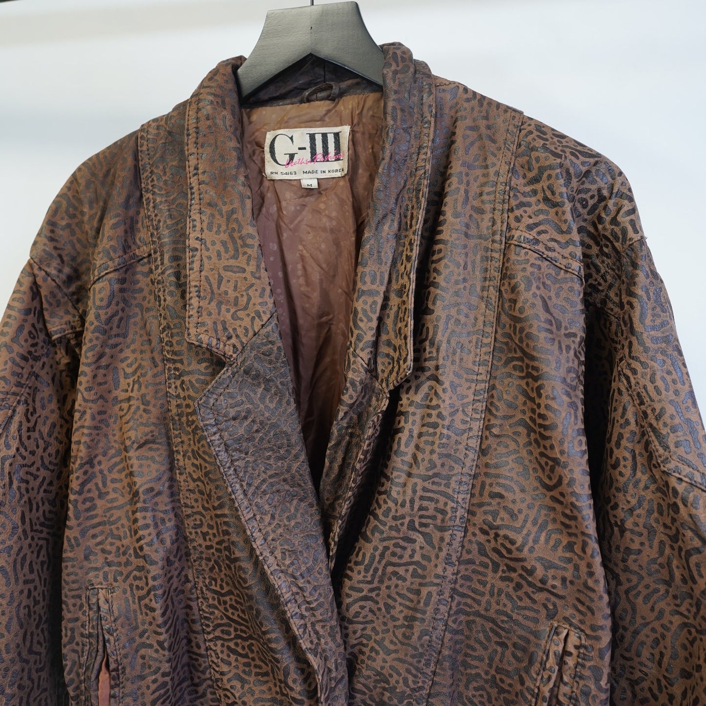 (Women's M) Vintage G-III Animal Print 80s Leather Jacket Women's M Brown Cheetah Pattern