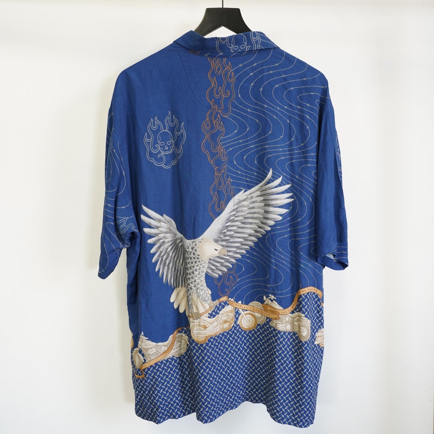 (XXL) Vintage Harley Davidson Screamin Eagle Hawaiian Shirt Men's XXL Blue Motorcycle