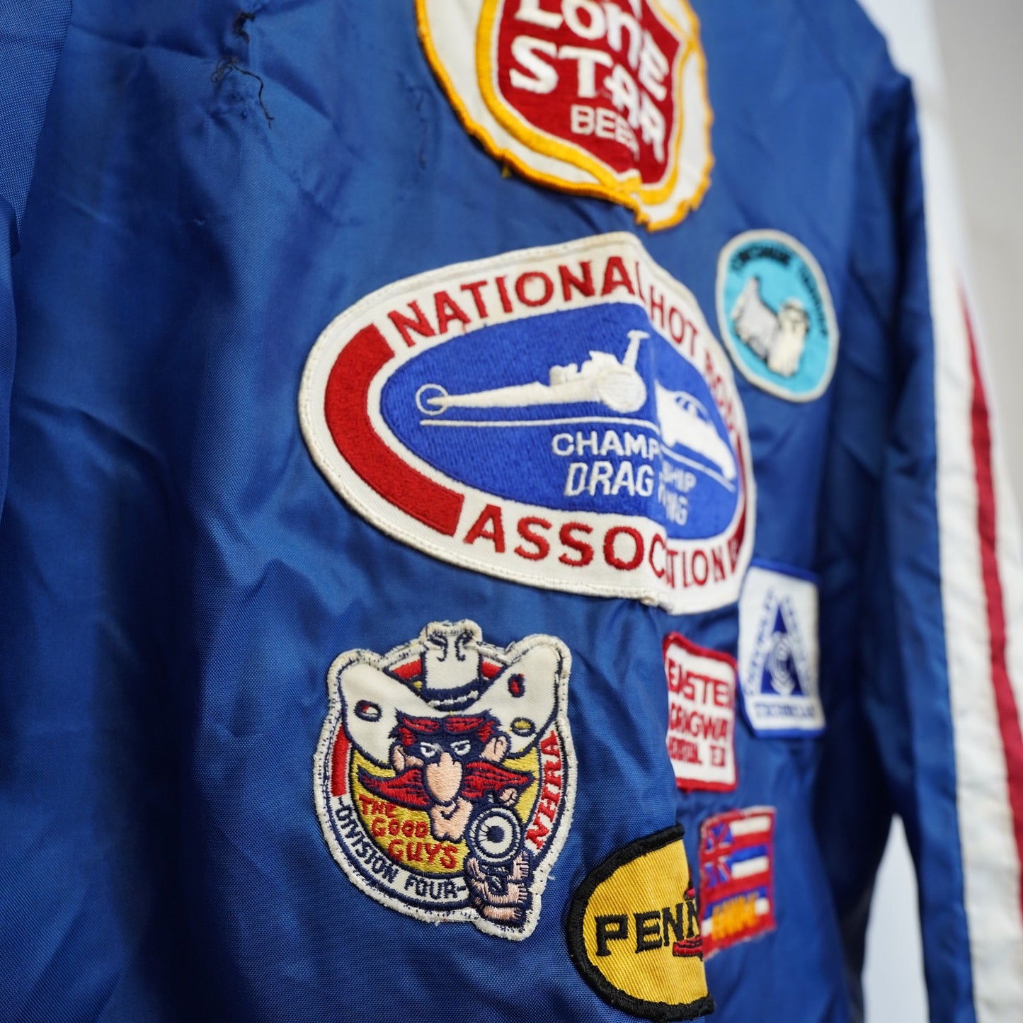 (M) True Vintage NHRA Drag Racing Beer Patchwork Motorcycle Jacket Men's M Blue 70s