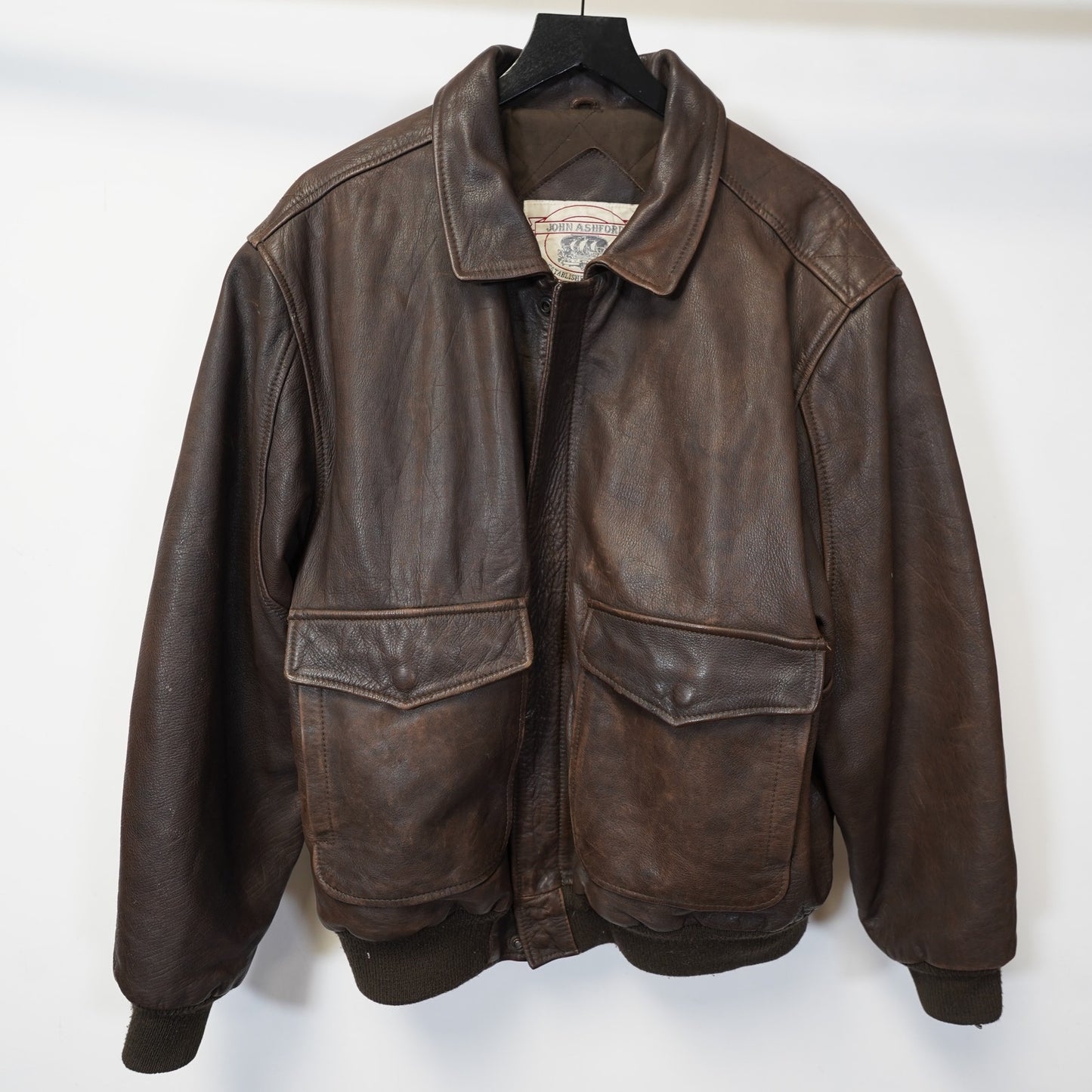(XL) Vintage John Ashford 100% Leather Bomber Aviator Jacket Men's XL Brown 90s