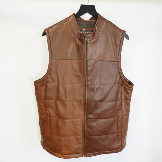 (XL) Shakal Western Brown Leather Full Zip Vest Men's XL Made in Mexico Cowboy Fitted