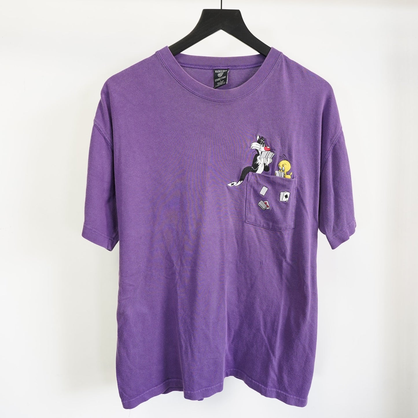 (L) Vintage Sylvester Tweety Looney Tunes Sewn Pocket T-Shirt Men's L Purple 90s