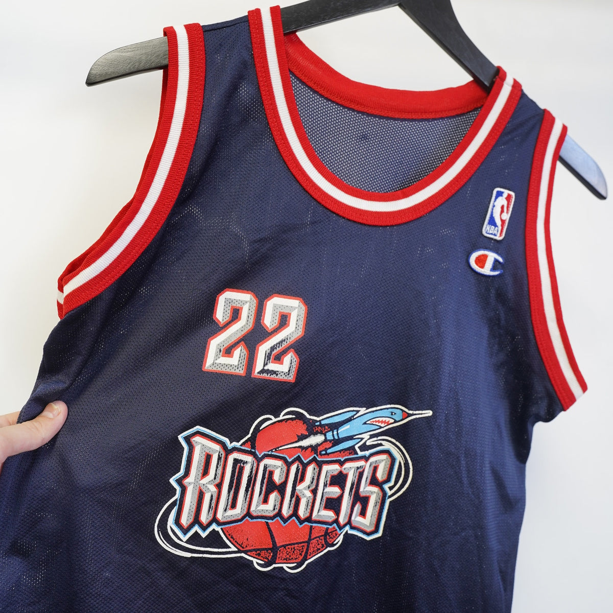 (Boys XL) Vintage Champion Houston Rockets Clyde Drexler Basketball Jersey Boys XL Blue 90