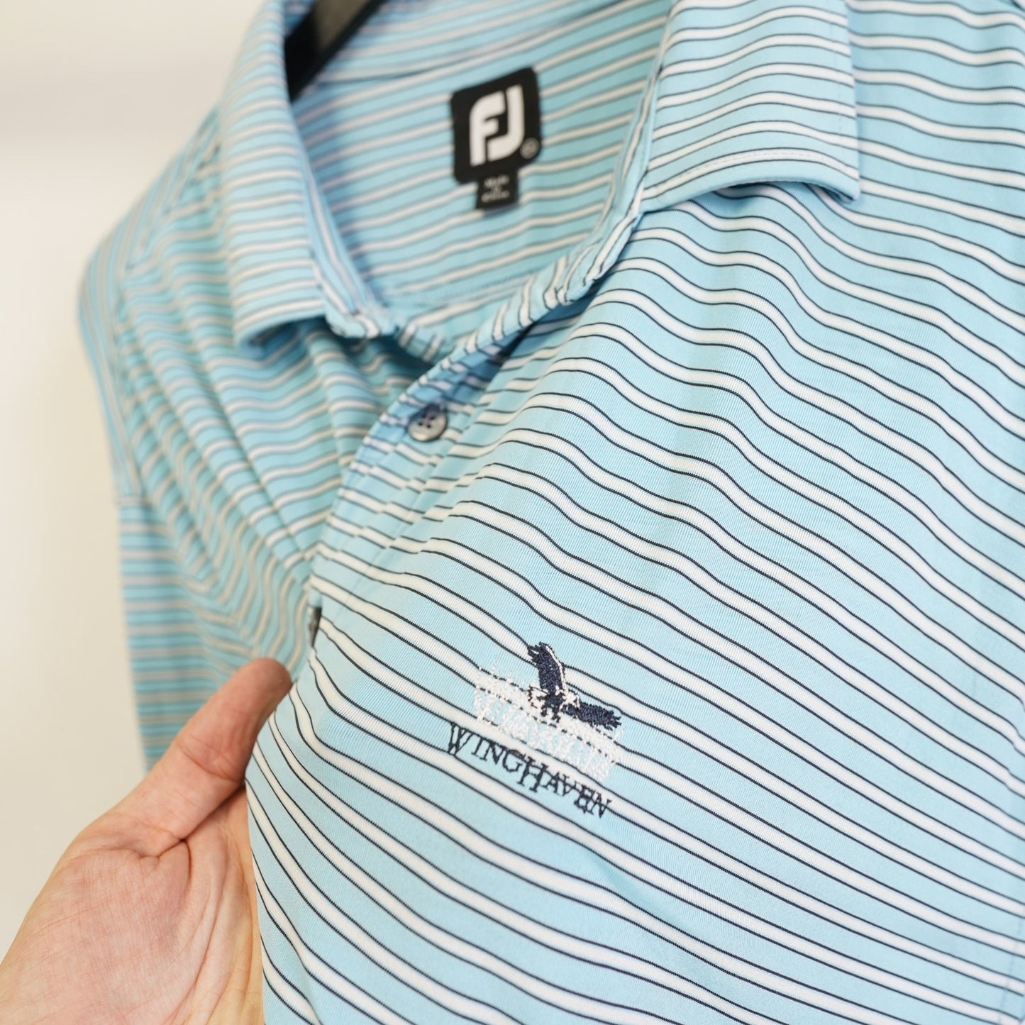 (XXL) FootJoy Winghaven Striped Performance Golf Polo Shirt Men's XXL Light Blue Sewn