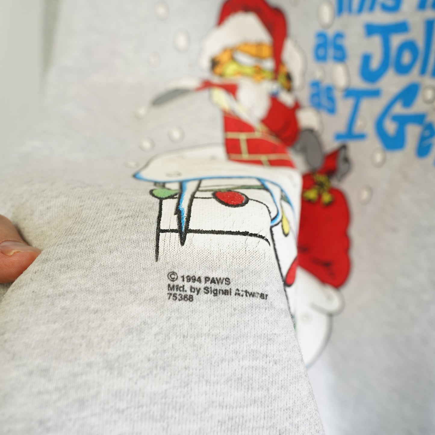 (L) Vintage Garfield Christmas Holiday Sweater Men's L 90s Tultex Gray Santa