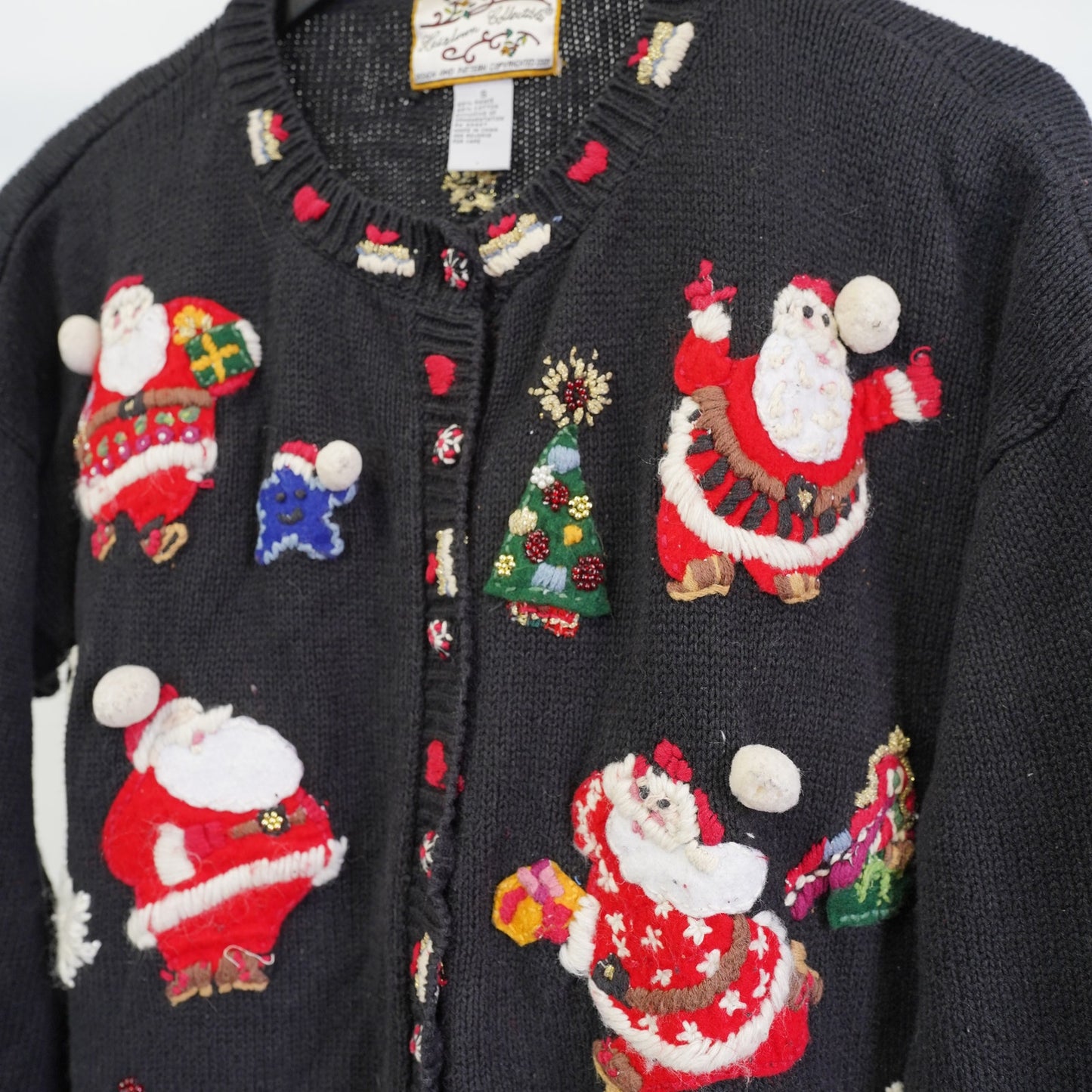 (Women's S) Vintage Holiday Christmas Knit Cardigan Sweater Women's S Santa Black Stitched