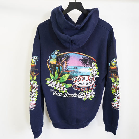 Vintage Ron Jon Surf Shop Tropical Hoodie Men's M Navy Blue Parrot Hawaiian