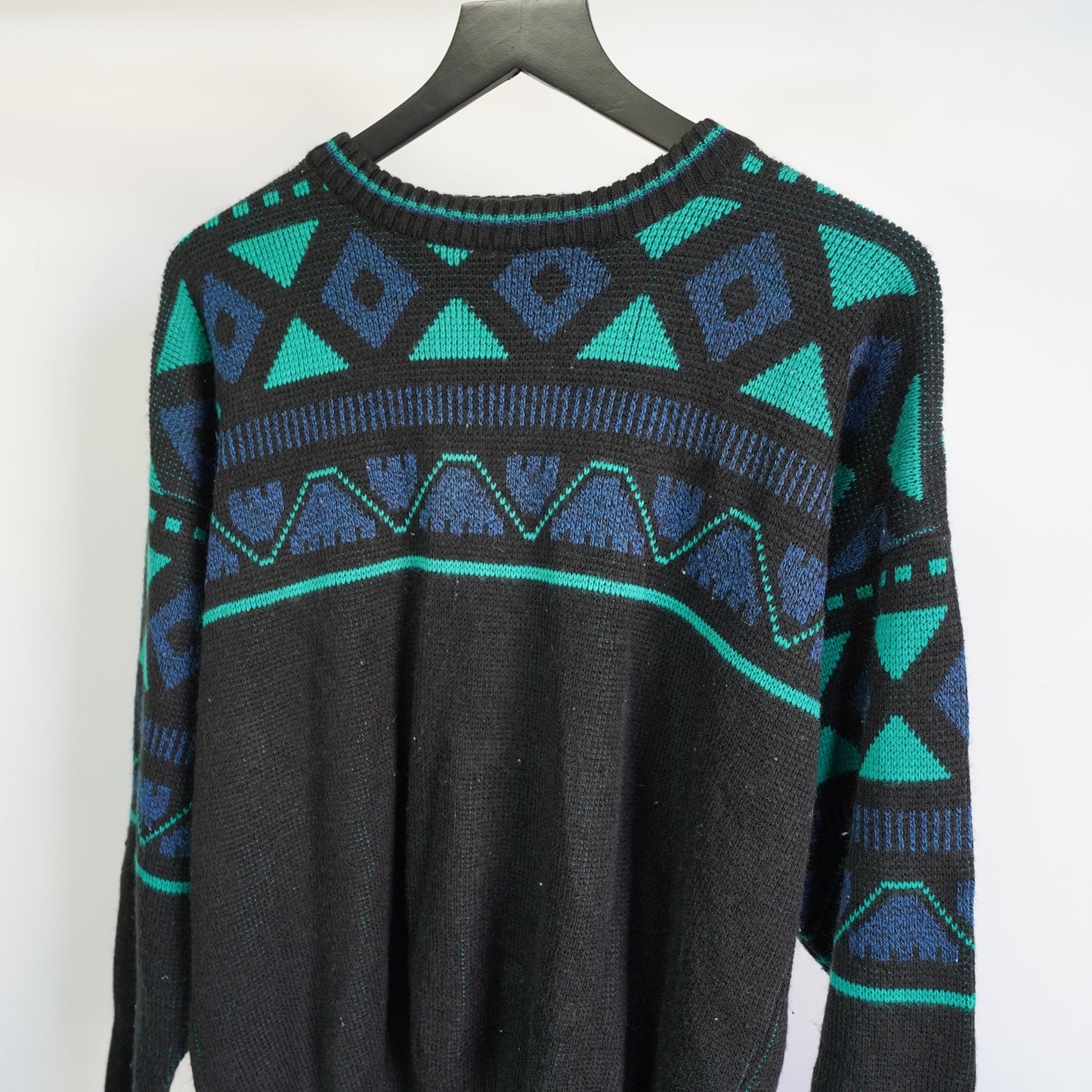 (L) Vintage 90s Le Tigre Black Knit Sweater Retro Abstract Aztec