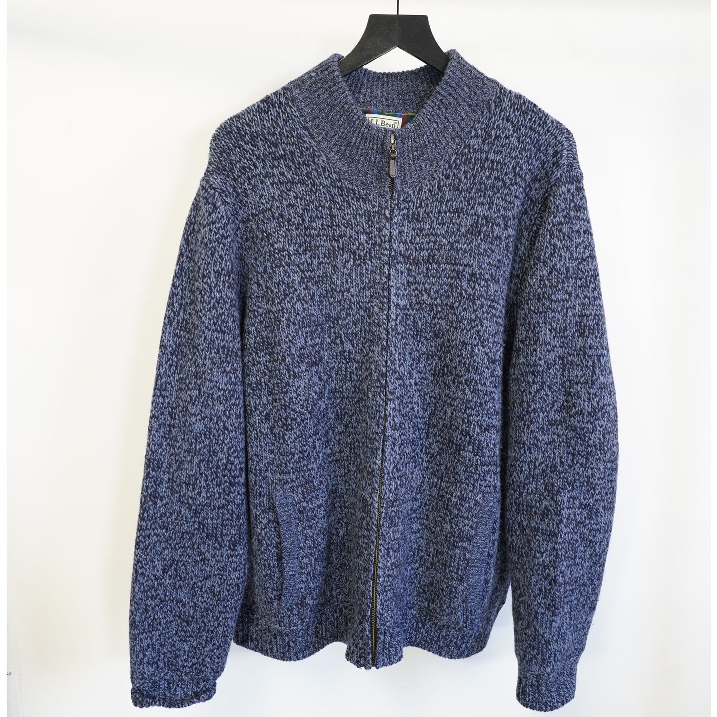 (XL) L.L. Bean Lambs Wool Knit Full Zip Sweater Plaid Blanket Lined Men's XL Blue