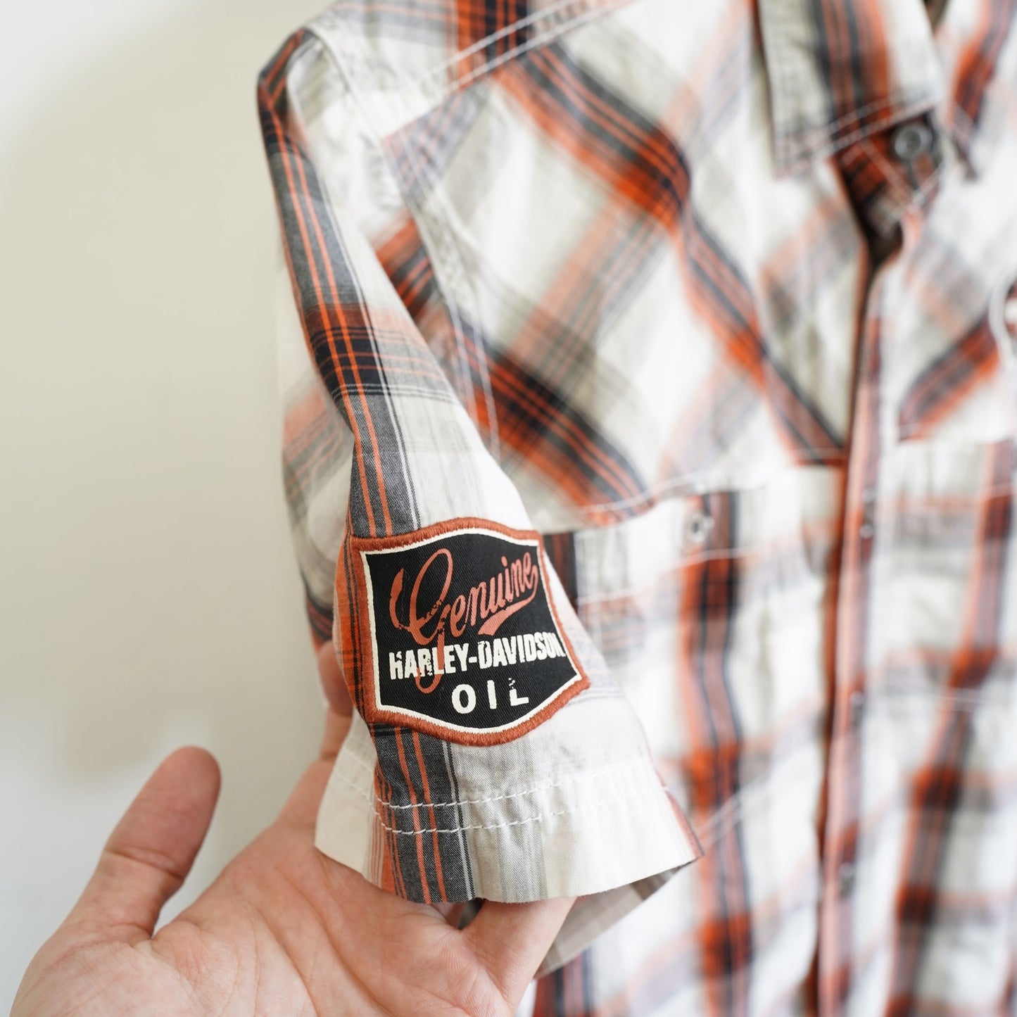 (S) Harley Davidson Motorcycles Plaid Button Up Biker Work Shirt Mens S White Orange