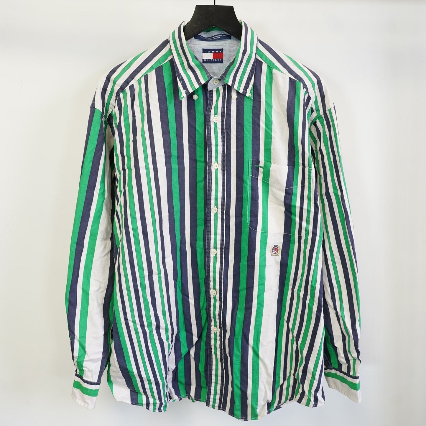 (XL) Vintage 90s Striped Tommy Hilfiger Retro Button Up Shirt Men's XL Green Blue