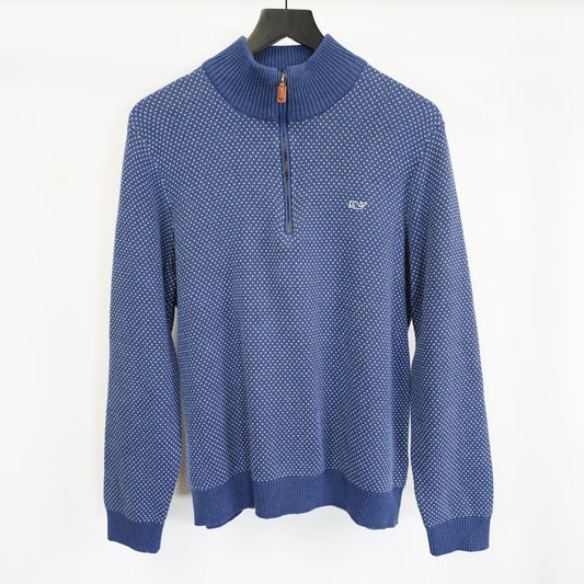 (M) Vineyard Vines 1/4 Zip Pullover Knit Sweater Mens M Blue White Preppy Pattern