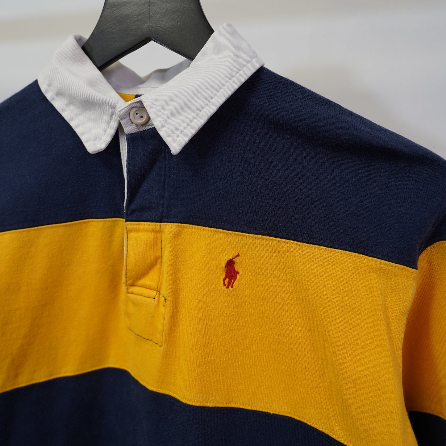 (Youth M) Vintage Polo Ralph Lauren Stripe Rugby Polo Shirt Blue Yellow Longsleeve