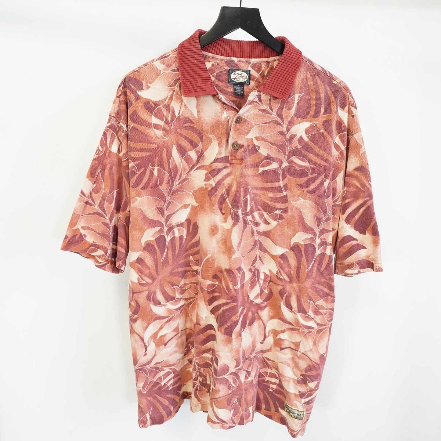 (L) Vintage Tommy Bahama Floral Hawaiian Polo Shirt Men's L Red Tropical Palm Tree