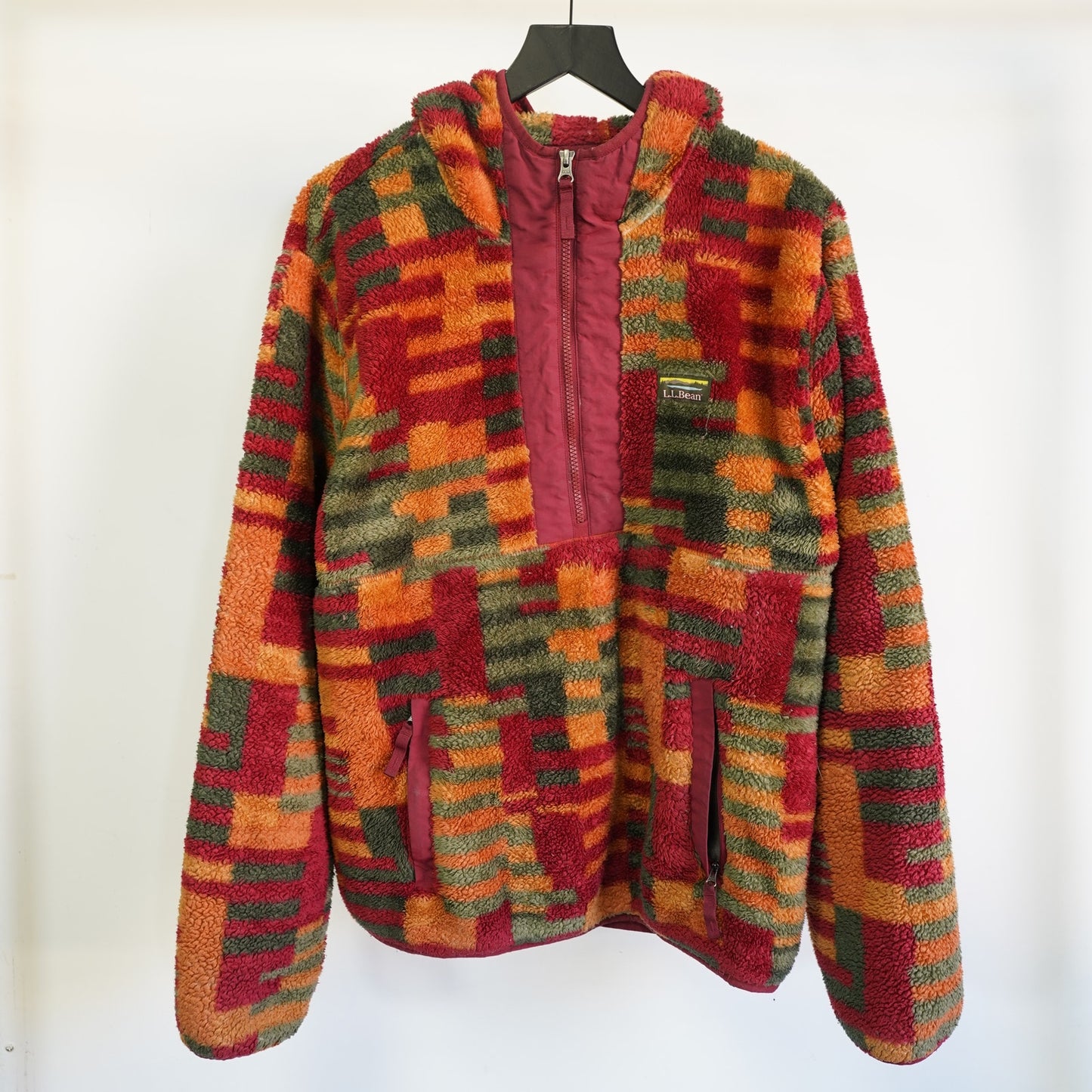 (M) L.L.Bean Hi-Pile Fleece Hoodie Multicolor Western Block Men's M Red Orange