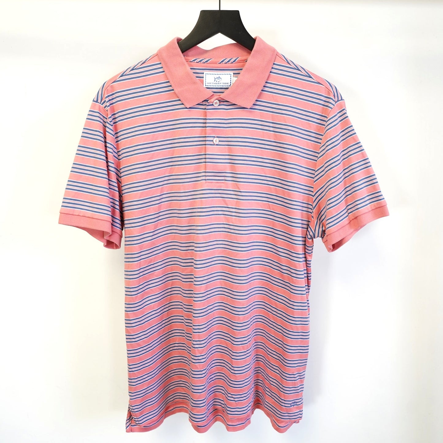(L) Southern Tide Classic Fit Striped Golf Shirt Men's L Pink Blue Fish Preppy