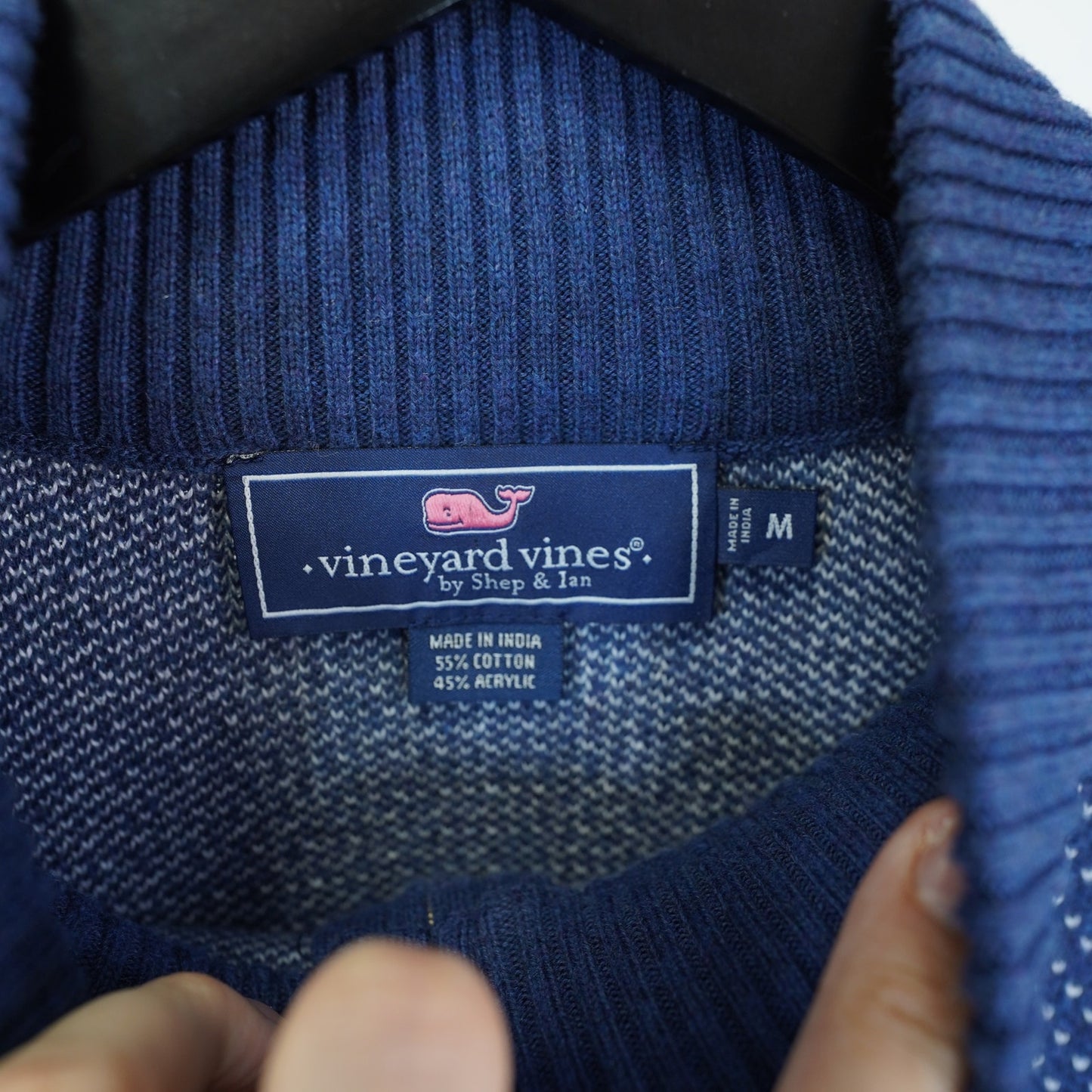 (M) Vineyard Vines 1/4 Zip Pullover Knit Sweater Mens M Blue White Preppy Pattern