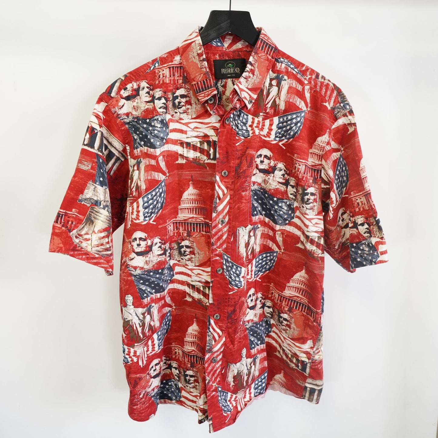 (L) Red Head 4th of July American Pride Hawaiian Shirt Men's L Button Up Red USA