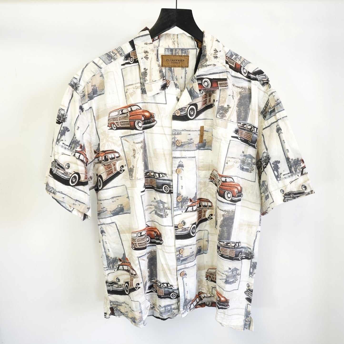(L) Vintage Clearwater Hawaiian Shirt Men's L Station Wagon White Tropical Surf