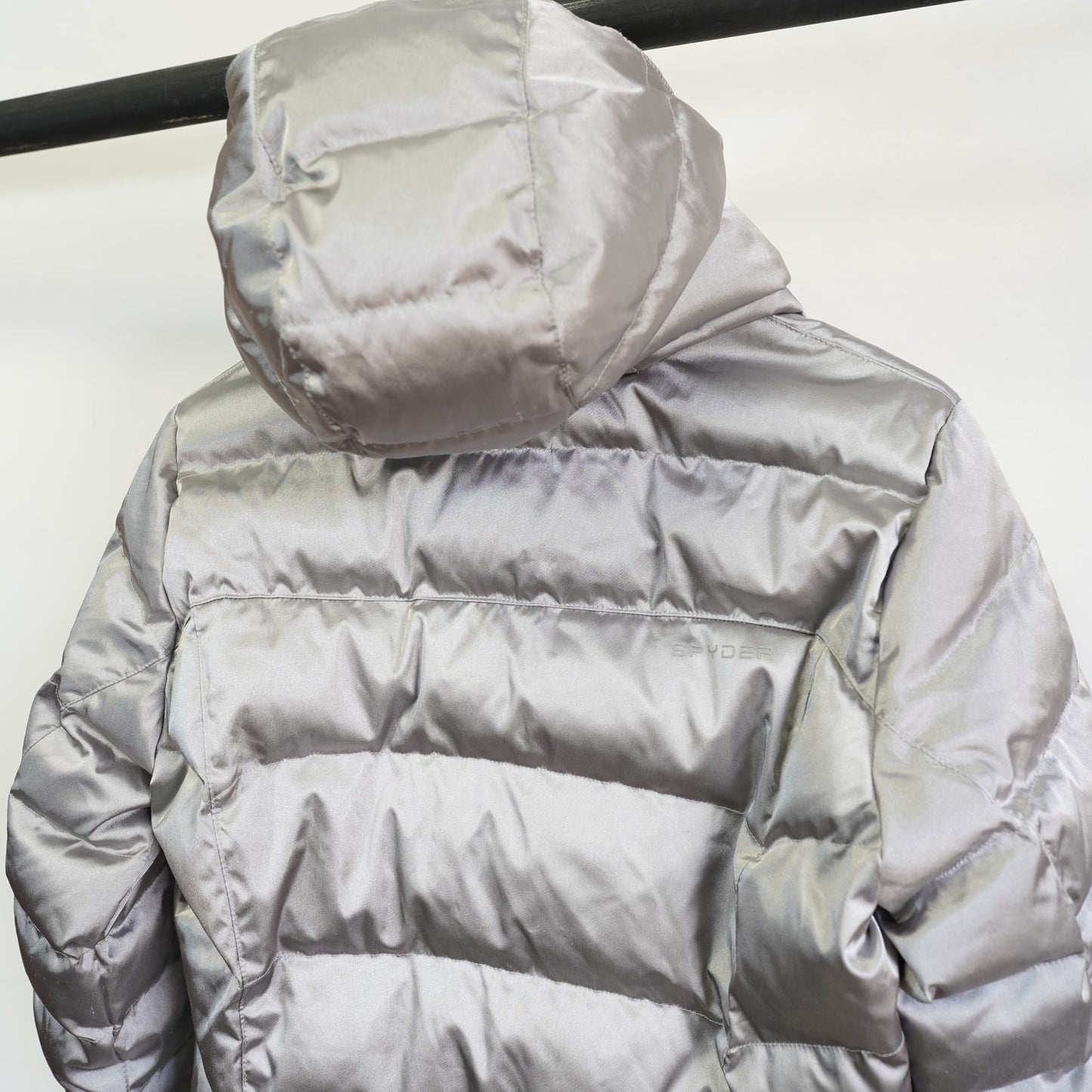 (Women's L) Vintage Spyder Y2K Silver Chrome Down Puffer Jacket Womens L 16 2000s Futuristic
