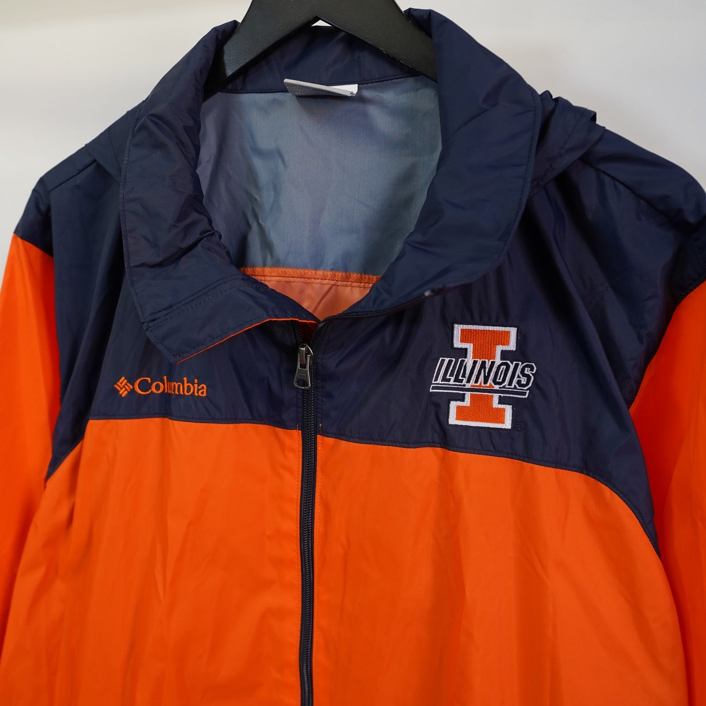 (L) Illionis Illini Columbia Windbreaker Rain Jacket Men's L Orange Blue Full Zip